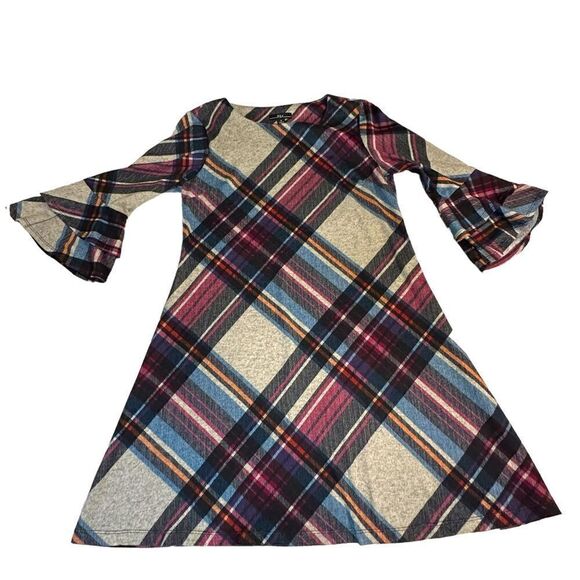 R&K Red and Grey Plaid Mini Dress w Bell Sleeves - Picture 1 of 9